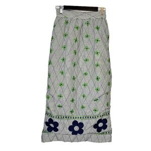 Vintage Quilted Maxi Skirt Navy White Striped Green Floral Embroidered Boho 70s